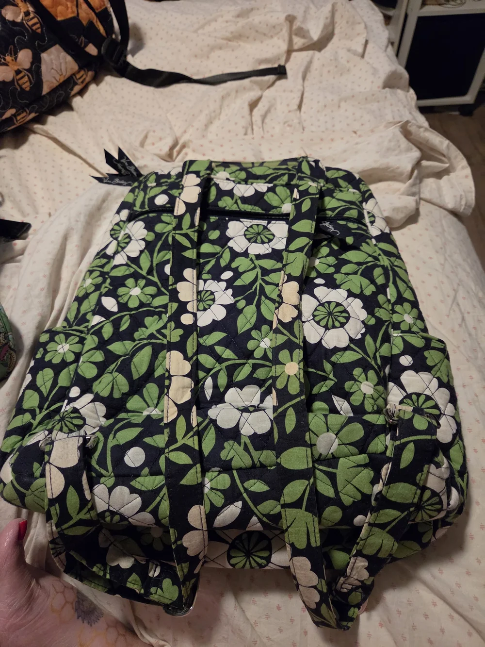 Vera Bradley Black Quilted Backpack with White & Green Floral Print